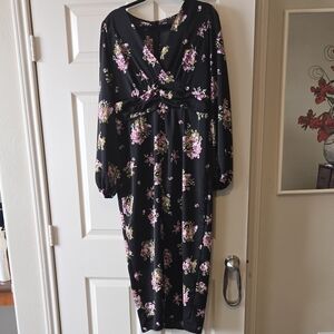 SHEIN Black Midi Dress with Pink Floral Print